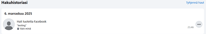 Facebook search history with Clear searches highlighted.