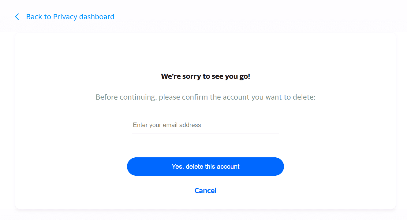 Confirmation of deletion page with Yes, delete this account button.