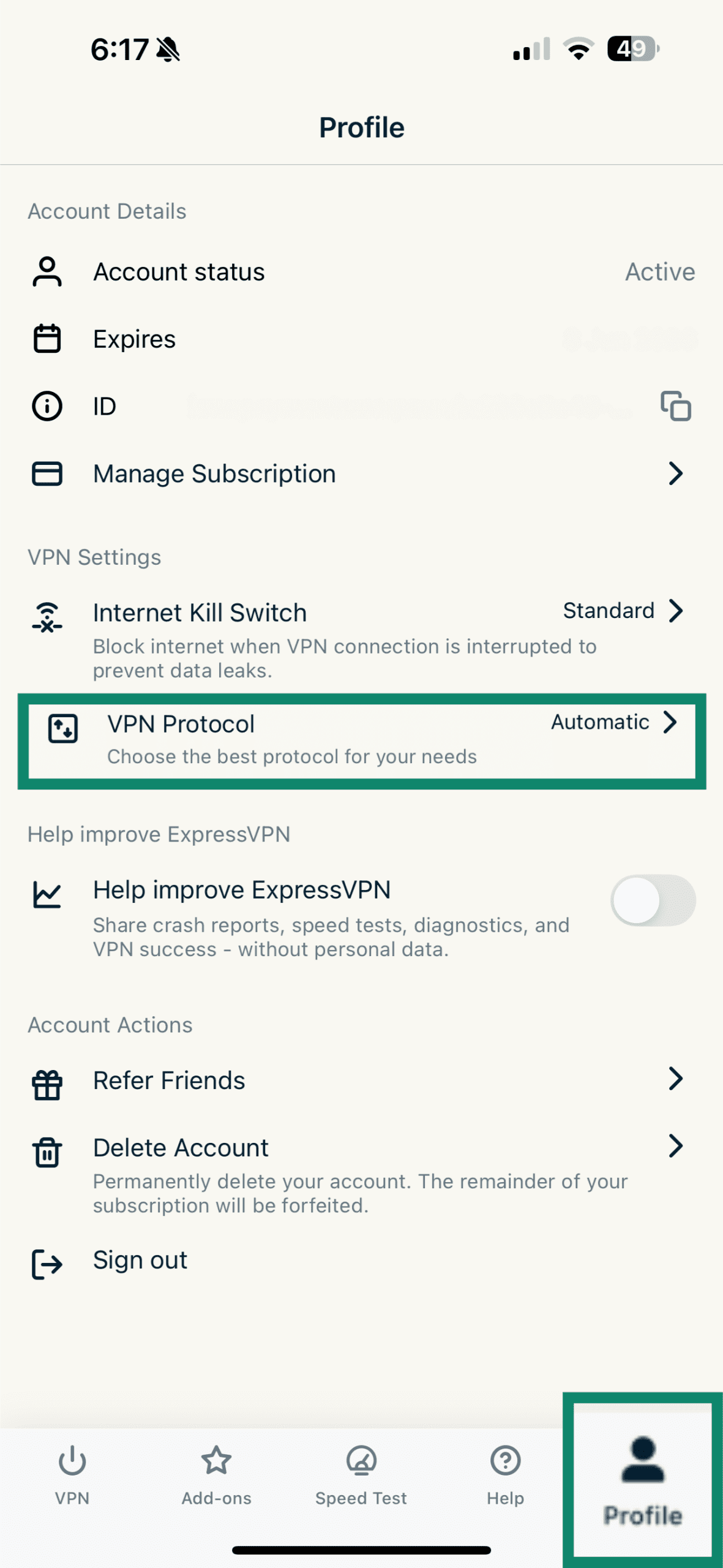 Screenshot of the ExpressVPN app with the &ldquo;Profile&rdquo; tab open and &ldquo;VPN Protocol&rdquo; option highlighted