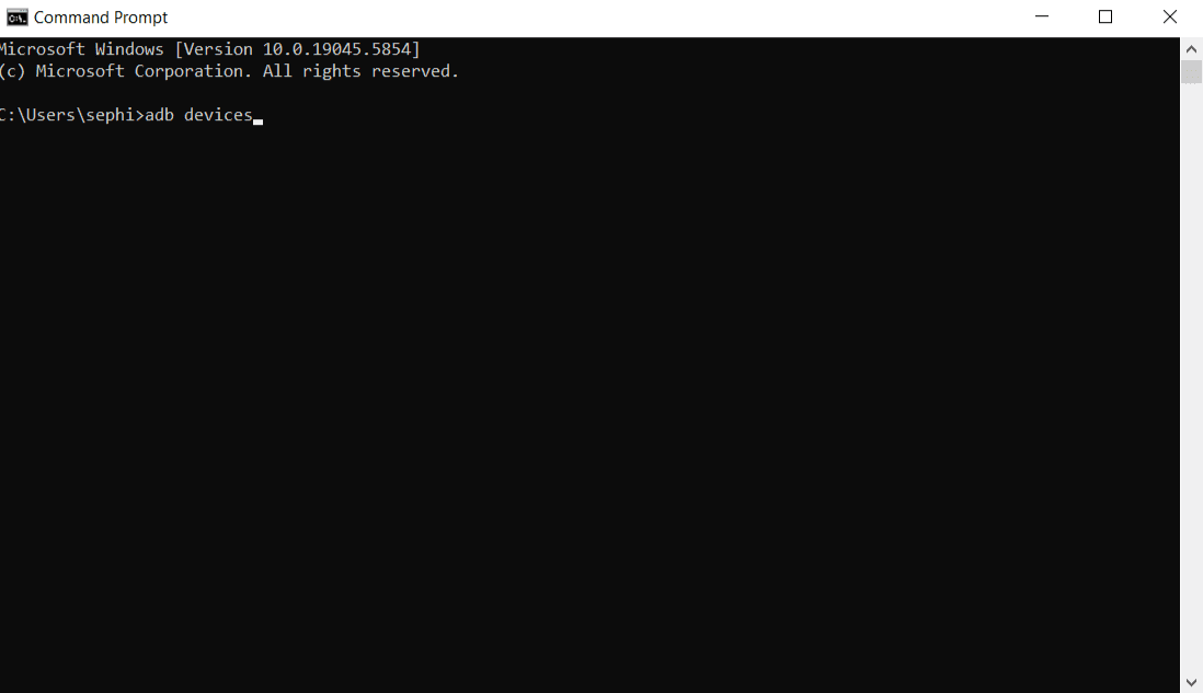 Command Prompt showing the adb devices command with connected Android device serial number displayed