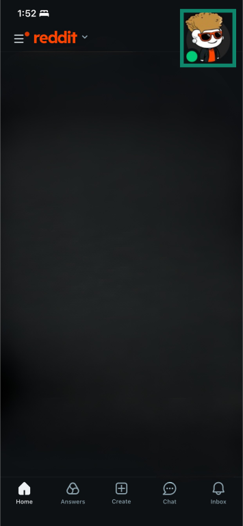 Reddit mobile app homescreen with the account icon highlighted.