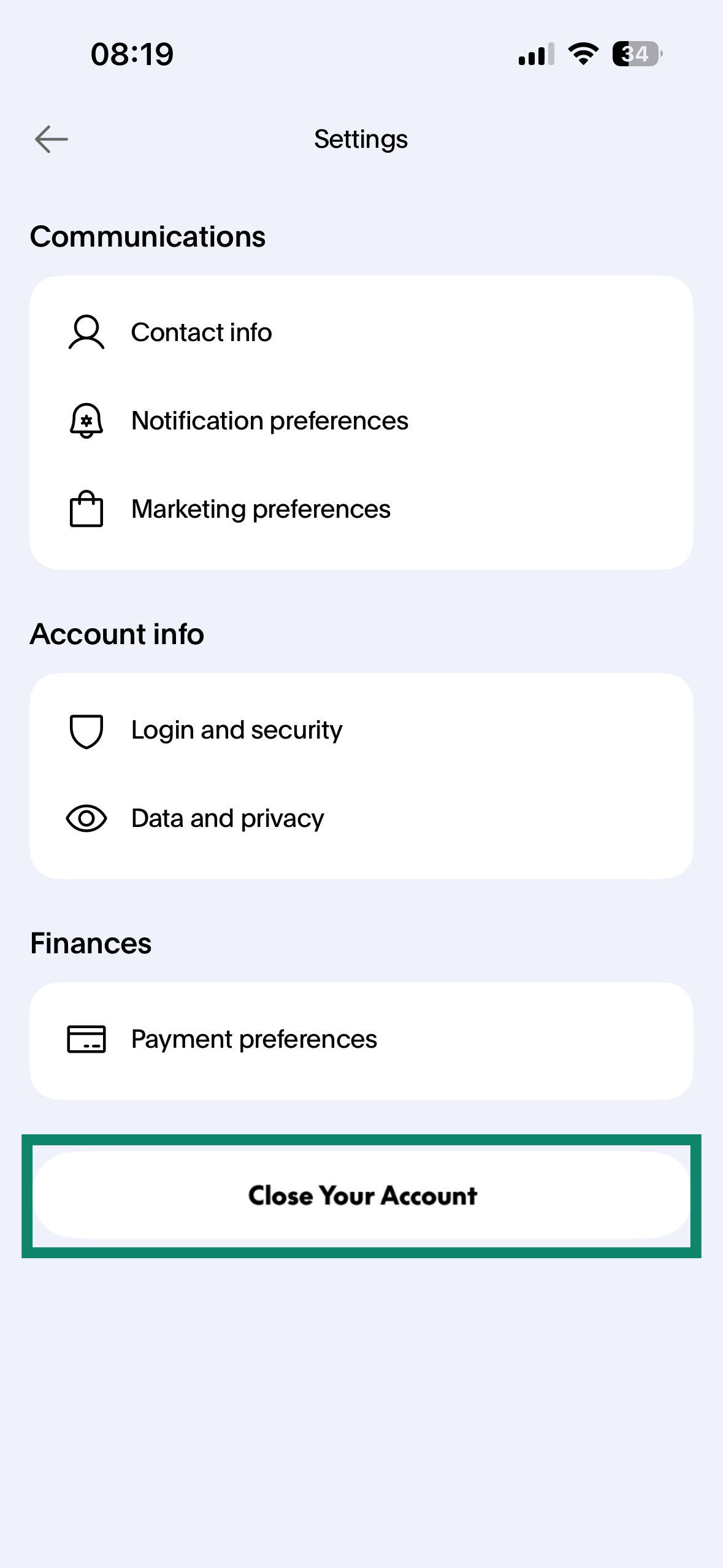 The Settings menu, with the