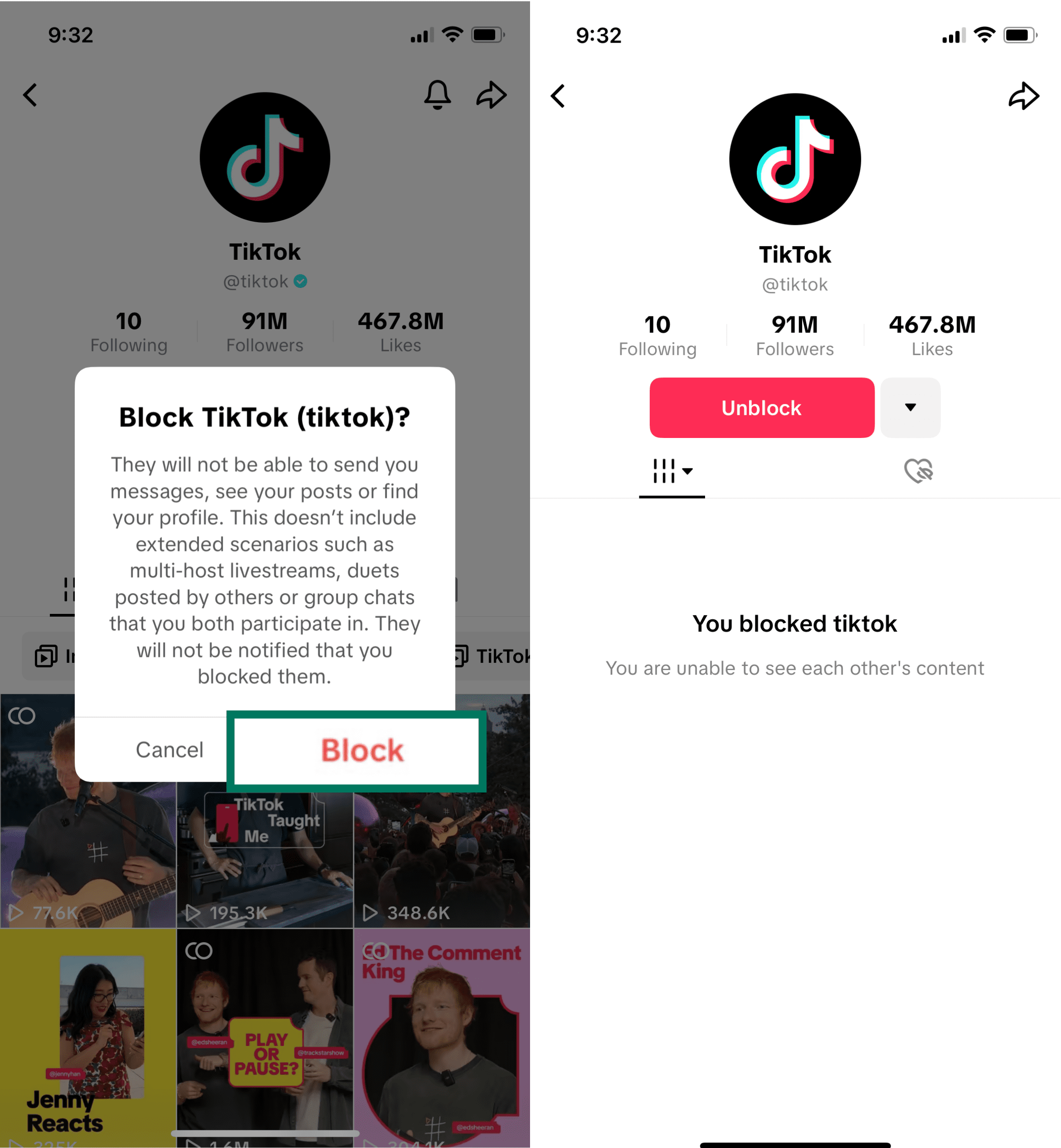 iPhone screens showing block confirmation dialog and blocked profile with Unblock button displayed.