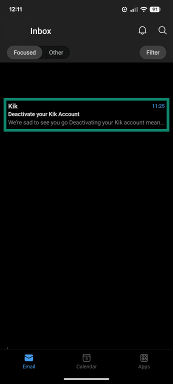 An email inbox, with a deactivation email from Kik highlighted.