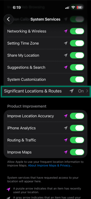 System Services screen showing Significant Locations & Routes enabled.